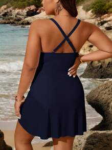 SHEIN Swim Curve Falda de traje de baño de talla grande de unicolor con bajo anudado, para playa de verano