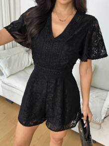 Bellastra 女士 V 领性感高端蕾丝花边腰部拼接精致法式透明蕾丝连体衣 - 黑色 - 查看 5