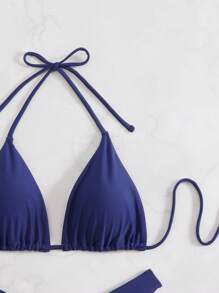 Swim Mod Women's Solid Color Halter Tie Bikini Set Set, Simple & Fashion For Beach, Casual Everyday Wear For Summer Beach Vacation - Blue - View 5