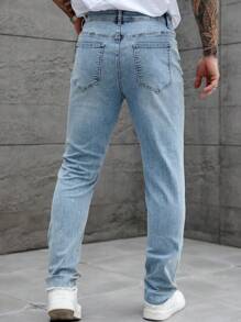 Manfinity Homme Light Blue Denim Casual Elastic Skinny Ripped Pants For Men - Light Wash - View 2