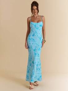 SHEIN BAE 蓝色露背系带铆钉珍珠亮片装饰连衣裙，女士优雅度假沙滩裙，适合夏季、音乐节、露背连衣裙 - 藍色 - 查看 3