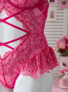 PetitDoll 1pc Plus Size Lace & Mesh Spliced Underwire Sexy Bodysuit - Hot Pink - View 8