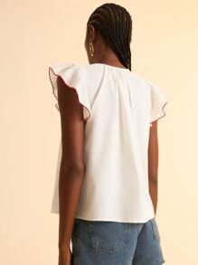 CAJUNI 女士休闲度假白色梭织刺绣盖袖撞色饰边纽扣流苏领带沙滩背心，宽松版型 - 彩色 - 查看 2