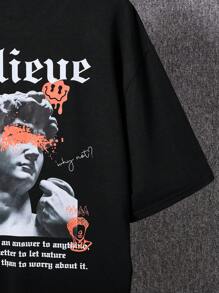SHEIN 青少年男孩美式图案印花短袖 T 恤，休闲校服，舒适、时尚、百搭、面料柔软 - 适合日常、学校、户外、运动 - 彩色 - 查看 9