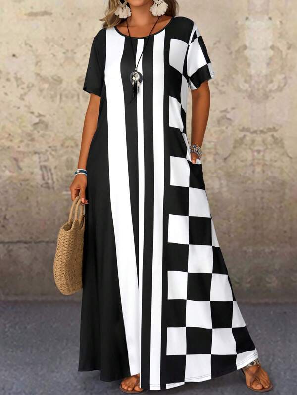 EMERY ROSE Rochie de vară cu mâneci scurte, cu imprimeu color block, pentru femei de mărime Plus, îmbrăcăminte ocazională și de vacanță
