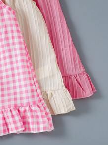 SHEIN Playful Pals 3 件套女童夏季连衣裙套装，包括纯色和条纹吊带裙，带蝴蝶结装饰，适合日常休闲穿着 - 彩色 - 查看 5