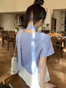 DAZY Women Summer Casual Elegant Ruffled Hem Tie-Neck Short Sleeve Top - Blue - View 2