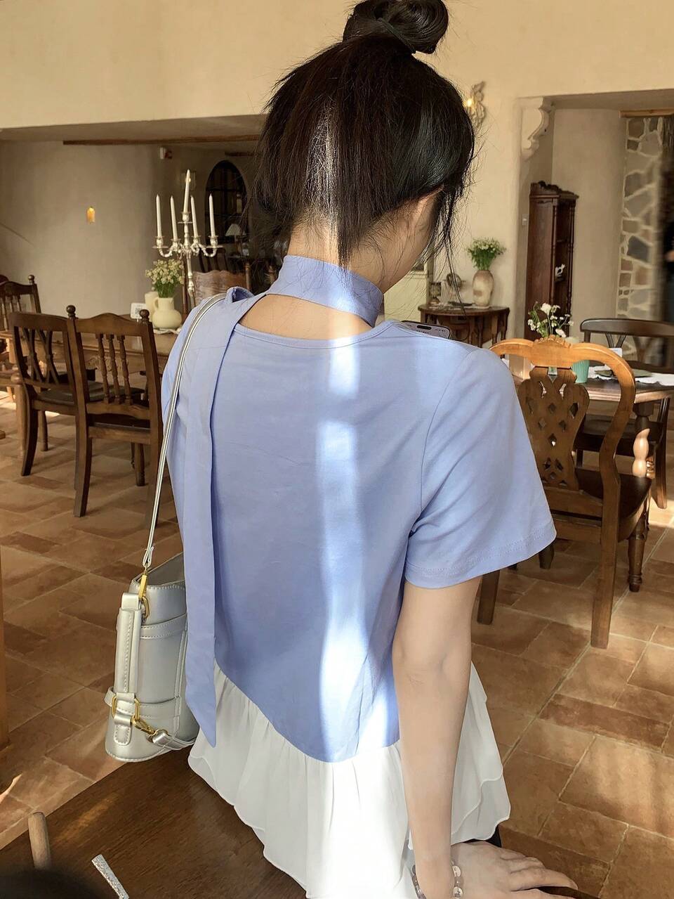 Women Summer Casual Elegant Ruffled Hem Tie-Neck Short Sleeve Top