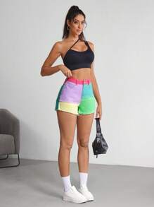 SHEIN Tall Women Casual Contrast Color Pocket Frayed Hem Denim Shorts - Yellow - View 4