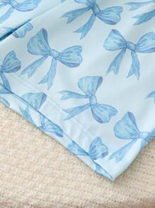 Tween Girls Butterfly Print Front Button Short Sleeve Shorts Pajama Set, Elegant Fashion Home Wear - Baby Blue - View 5