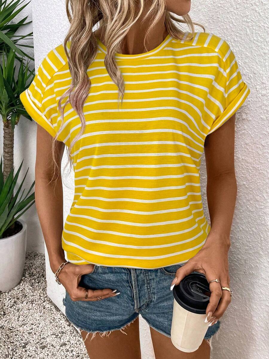 SHEIN LUNE 女士条纹圆领短袖休闲宽松T恤 - 黃色 - 查看 1