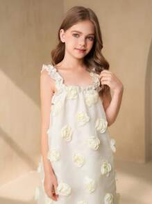 1 pieza Vestido lindo con volantes y flores 3D en el bajo para niñas preadolescentes, apropiado para fiestas y uso al aire libre, primavera/verano - Beis - Ver 3