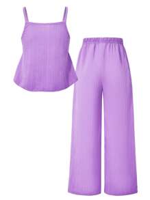SHEIN Sparklyn 2 件套青少年女孩休闲纹理泡泡褶修身吊带背心和阔腿裤套装，甜美可爱风格适合日常、度假、外出、姐妹拍照 - 紫色 - 查看 2