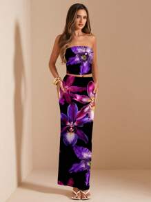 SHEIN BAE 2pcs/Set Women Floral Print Tube Top And Mini Skirt Elegant Outfit - Black - View 5