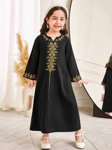 SHEIN Young Girl Retro Patterned Maxi Long Dress - Black - View 1