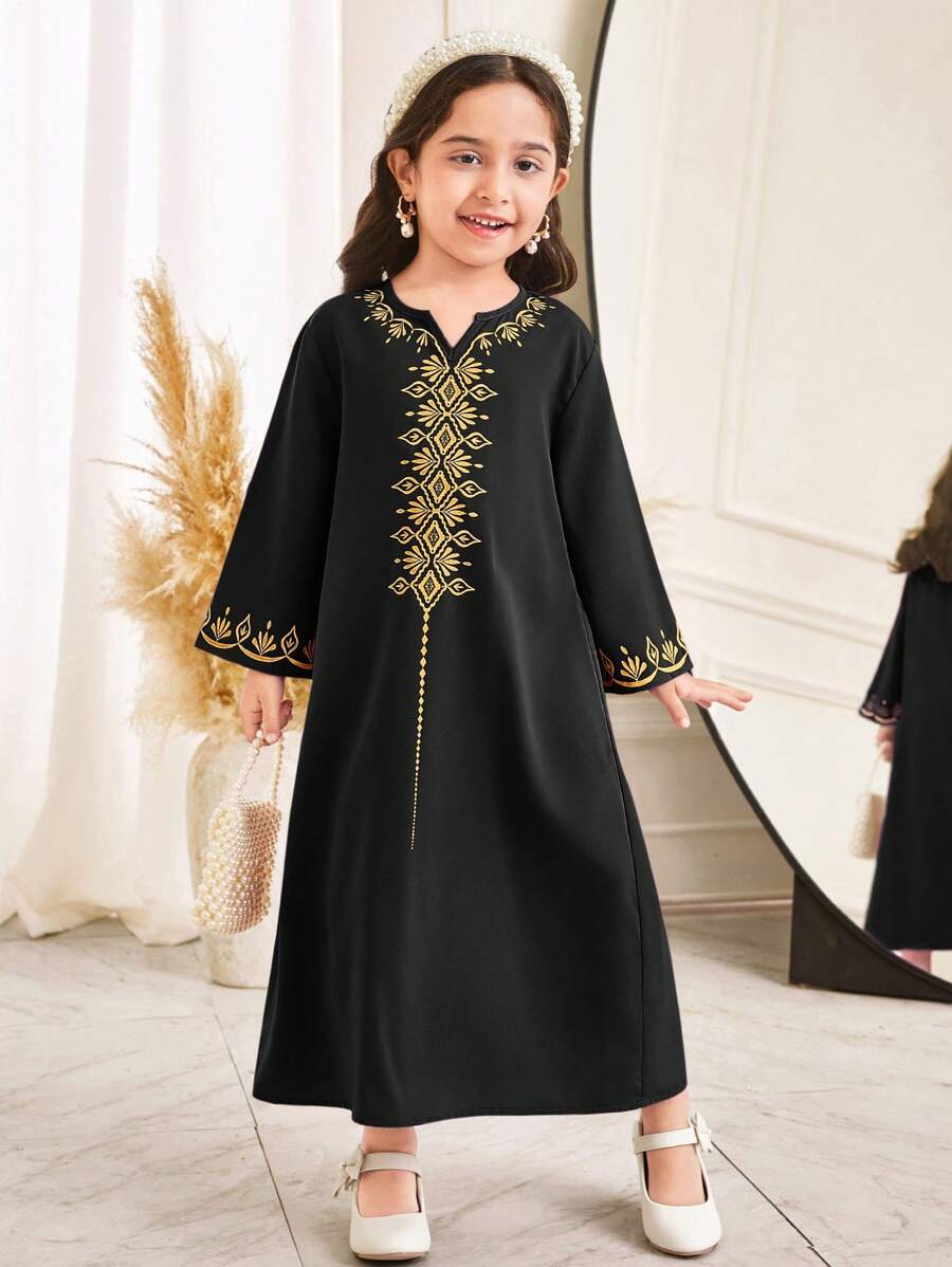 SHEIN Young Girl Retro Patterned Maxi Long Dress - Black - View 1