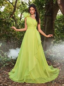 Glamrae 奢华 3D 花卉单肩欧根纱褶饰荷叶边 A 字裙，优雅适合婚礼、派对、度假、宴会（大量装饰） - 薄荷綠 - 查看 5