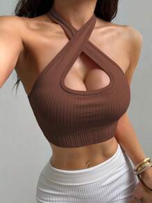 Slayform Slayform Women's Racerback Sports Bra, Black Halter Neck Yoga Bra - Coffee Brown - View 4