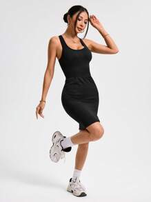 Easithlete Abito sportivo aderente da donna con scollo quadrato e senza maniche, abito aderente - nero - Visualizzare 4