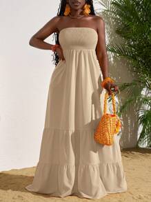 Slaydiva Sommerurlaub, einfarbig, Rüschensaum, trägerloses Kleid, Sonnenkleider für Frauen