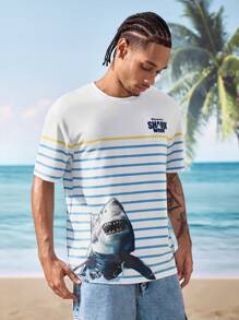 Shark Week X SHEIN Men's Casual Striped Shark Print Round Neck Short Sleeve T-Shirt, Summer - Multicolor - View 4