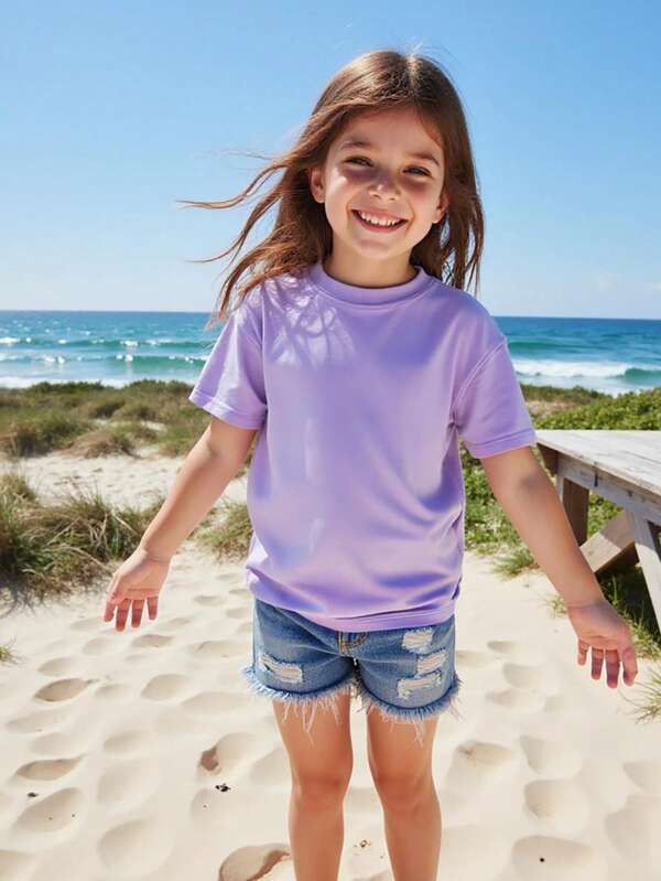 SHEIN Elladie kids Camiseta básica de manga corta y cuello redondo de color morado para niñas pequeñas