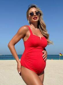 SHEIN Maternity Summer Vacation Beach Ruched One-Piece Swimsuit - Red - View 4