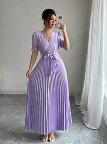 Rafferiza 女式荷叶边下摆交叉 V 领优雅束腰紫色中长连衣裙 - 紫色 - 查看 4