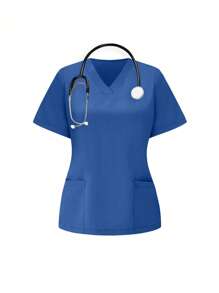 TaskEZ 制服套装短袖 V 领上衣和裤子，纯色手术服套装 - 寶藍色 - 查看 6