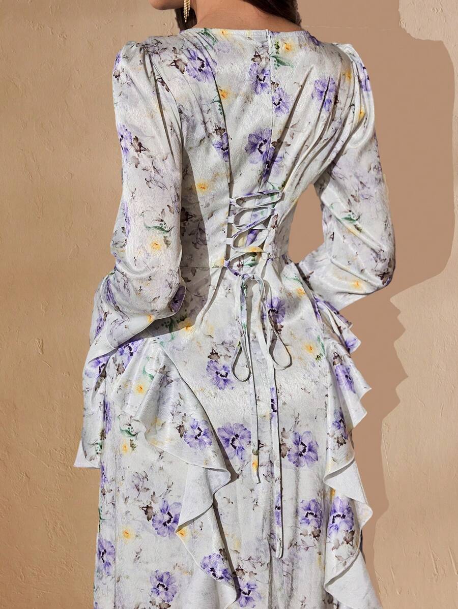 Graceveil 女士花卉印花荷叶边下摆长袖连衣裙