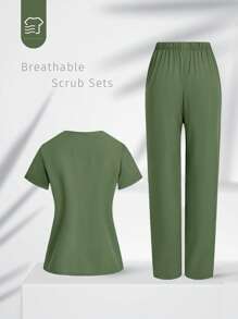 TaskEZ Uniform Set: V-Neck Short Sleeve Tailored Blouse And Drawstring Straight Leg Casual Pants, Scrub Sets - Mint Green - View 2