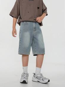 SHEIN Explorewe Pantaloncini di jeans per ragazzi adolescenti, moda di strada casual e comoda, stile urbano cool hipster, estate vintage vintage, pantaloncini di jeans con vita elastica allentati