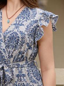 LanaWest 大码女式 V 领荷叶边碎花宽松连体裤，优雅时尚女式长款夏季连衣裙，清凉装束，缓解压力，晚礼服，圣帕特里克节，波西米亚风节日，春假