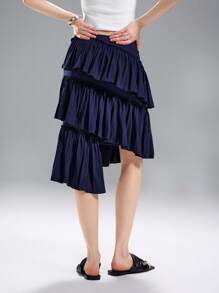 LYSMO Asymmetrical Pleated Blue Skirt, Fashionable For Summer - Navy Blue - View 2