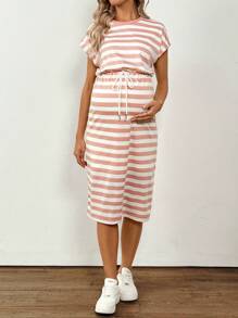 SHEIN Maternity Striped Drop Shoulder Drawstring Waist Split Dress - Pink - View 6
