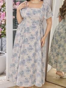 Modelyn Váy đi nghỉ dài thanh lịch lãng mạn hoa buộc eo xòe viền hông cỡ lớn, mùa xuân/hè - Nhiều màu - Xem 6