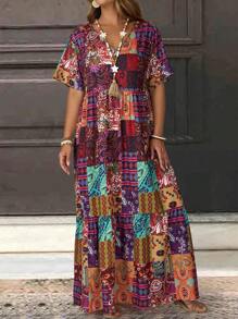 EMERY ROSE 大码女式花卉印花V领短袖休闲连衣裙 - 彩色 - 查看 1