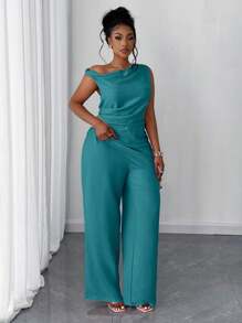 Maweii 2pcs Women Casual Asymmetrical Collar Solid Color Top And Pants Set - Teal Blue - View 5