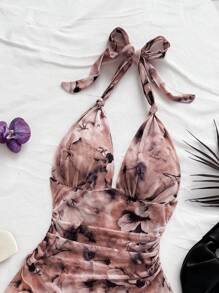 Soleia Váy ngắn lãng mạn, cổ chữ V, in hoa nhuộm loang, có dây rút, thích hợp cho các dịp lễ, hẹn hò, tiệc trà chiều ngày lễ tình nhân - Nhiều màu - Xem 3