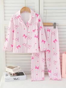 Young Girl Pajamas Set: Pink Bow Collar Long Sleeve Top & Pants Casual Comfortable 2 Pieces Loungewear, Mommy And Me Matching Outfits (Sold Separately In Sets Of 3) - Pink - View 3