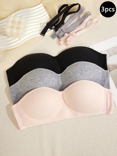 3pcs Set Teen Girl Non-Wire Thin Seamless Removable Strap Solid Color Bra, Suitable For Student & Casual/Sports Wear Back To School Fashion