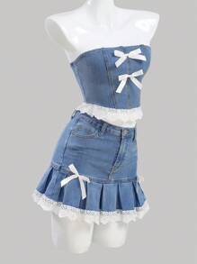 SHEIN Teen Girls' Spring Summer Y2K Casual Versatile Light Washed 2 Pcs Low Waist Denim Mini Skirt And Crop Top With Trim And Bowknot Detailed,Girls Summer Beach Boho Vacation Two Pieces Outfits,Summer Brunch Graduation Outfits,Summer Rave Concert Festival Streetwear Outfits - Light Wash - View 1