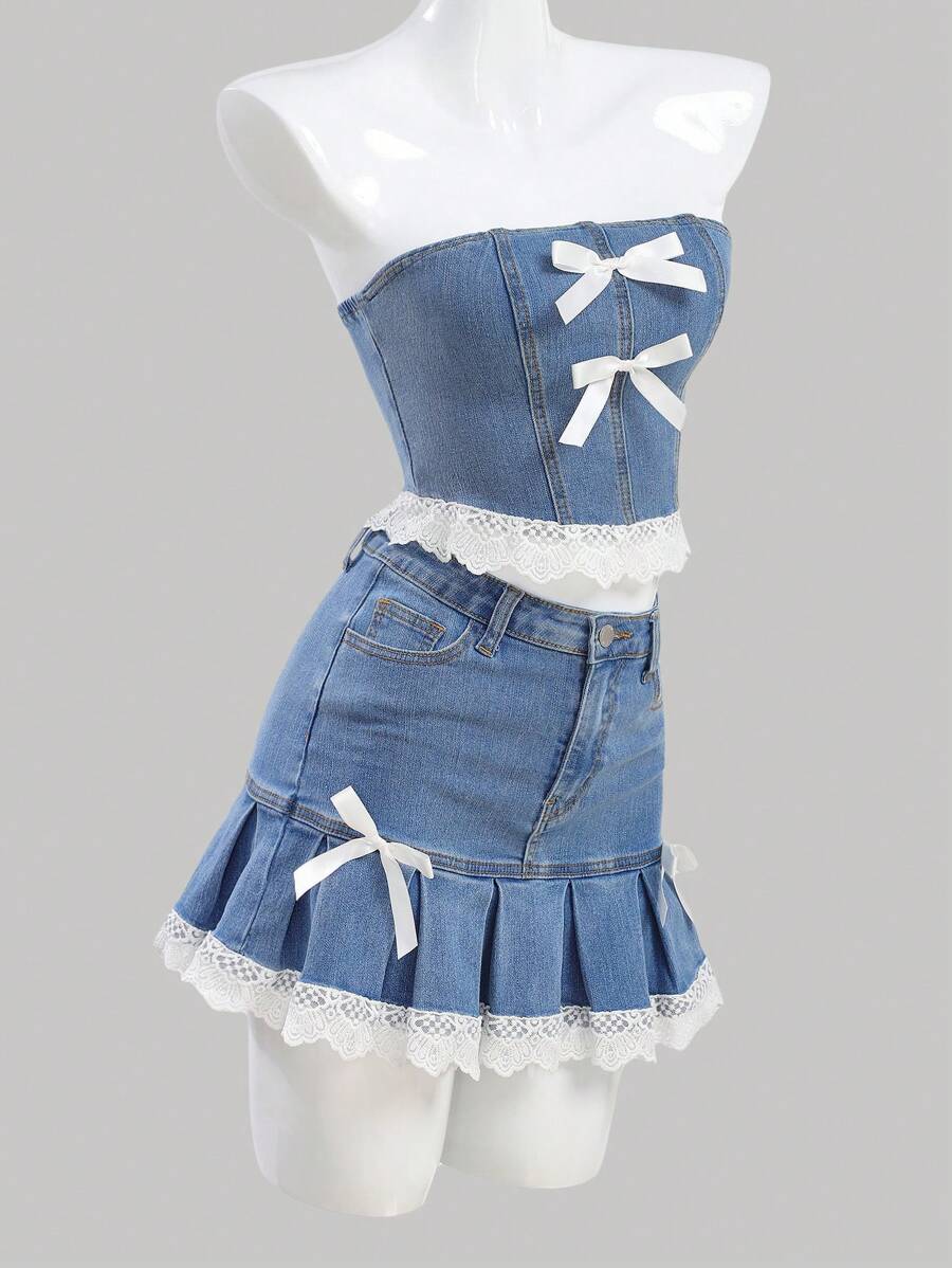 SHEIN Teen Girls' Spring Summer Y2K Casual Versatile Light Washed 2 Pcs Low Waist Denim Mini Skirt And Crop Top With Trim And Bowknot Detailed,Girls Summer Beach Boho Vacation Two Pieces Outfits,Summer Brunch Graduation Outfits,Summer Rave Concert Festival Streetwear Outfits - Light Wash - View 1