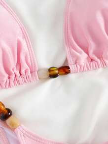 Swim Vcay 2pcs Springbreak Vacation Beach Solid Color Asymmetrical Beaded Halter Tie Sexy Bikini Set For Summer - Pink - View 5