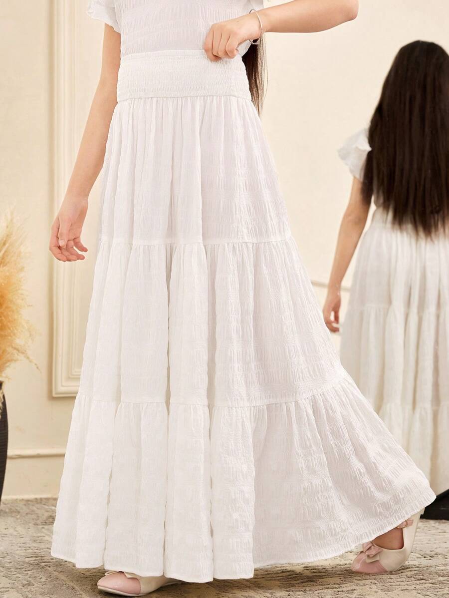 SHEIN Tween Girls' White Layered Ruffled Maxi Skirt, Casual Holiday Wear - White - View 1