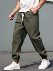 Manfinity Homme 男士休闲抽绳腰锥形牛仔裤 - 軍綠色 - 查看 5