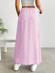 SHEIN EZwear 女士浅粉色高腰长款休闲碎花裙，夏季 - 淺粉色 - 查看 2