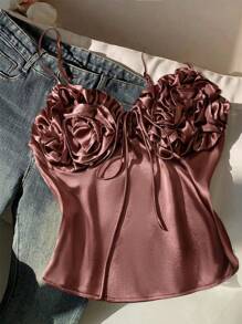 Women's Satin Solid V-Neck Ruffle Detail Bowknot Decor Camisole Tank Top, Summer - Coffee Brown - View 1