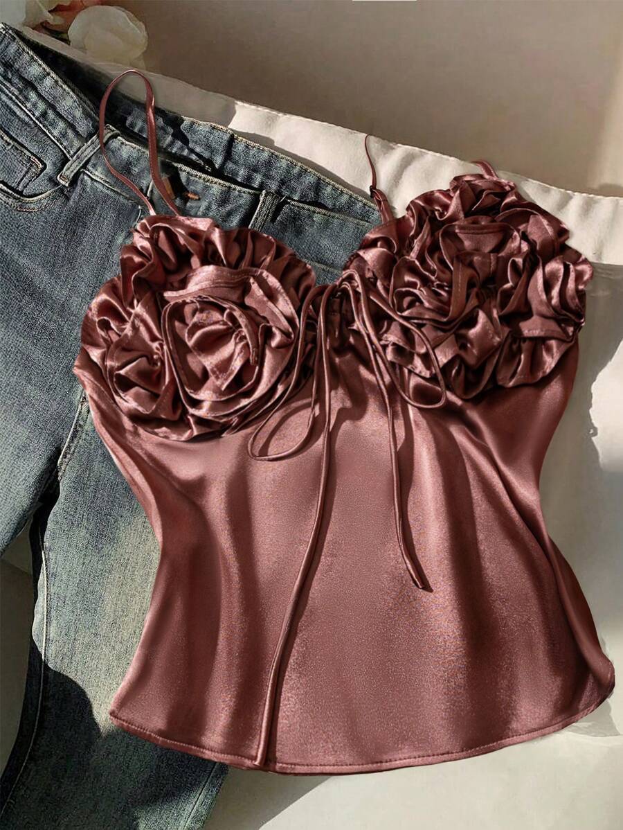 Women's Satin Solid V-Neck Ruffle Detail Bowknot Decor Camisole Tank Top, Summer - Coffee Brown - View 1