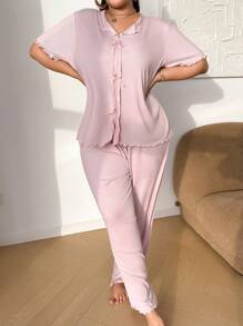 SHEIN Plus Size Solid Color Bow Decor Ribbed Knit Short Sleeve Top And Long Pants Pajama Set, Outfits - Pink - View 4
